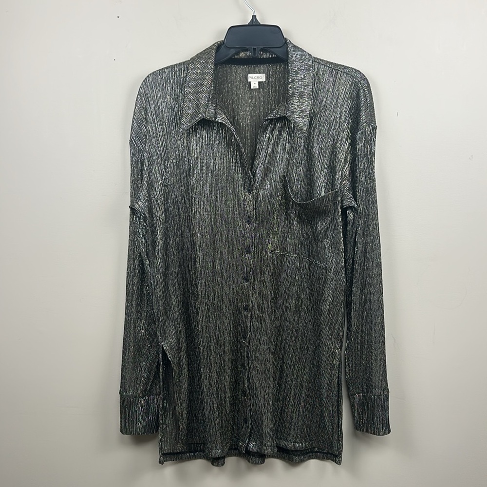 ANTHROPOLOGIE PILCRO metallic button down long sleeve shirt medium blouse - Picture 7 of 13